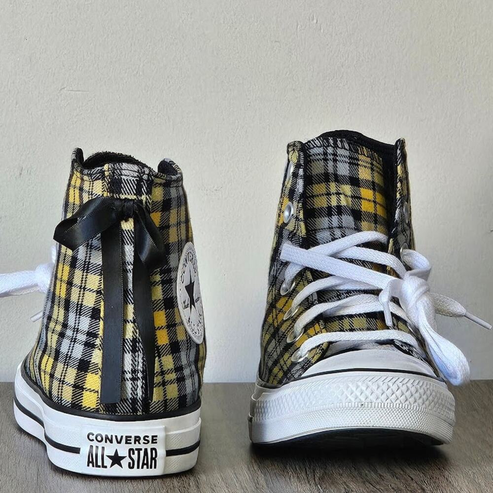 Converse Women's CTAS Plaid Ribbon hi Tops Size 7.5 Yellow Black A16518F NWT - Picture 4 of 6